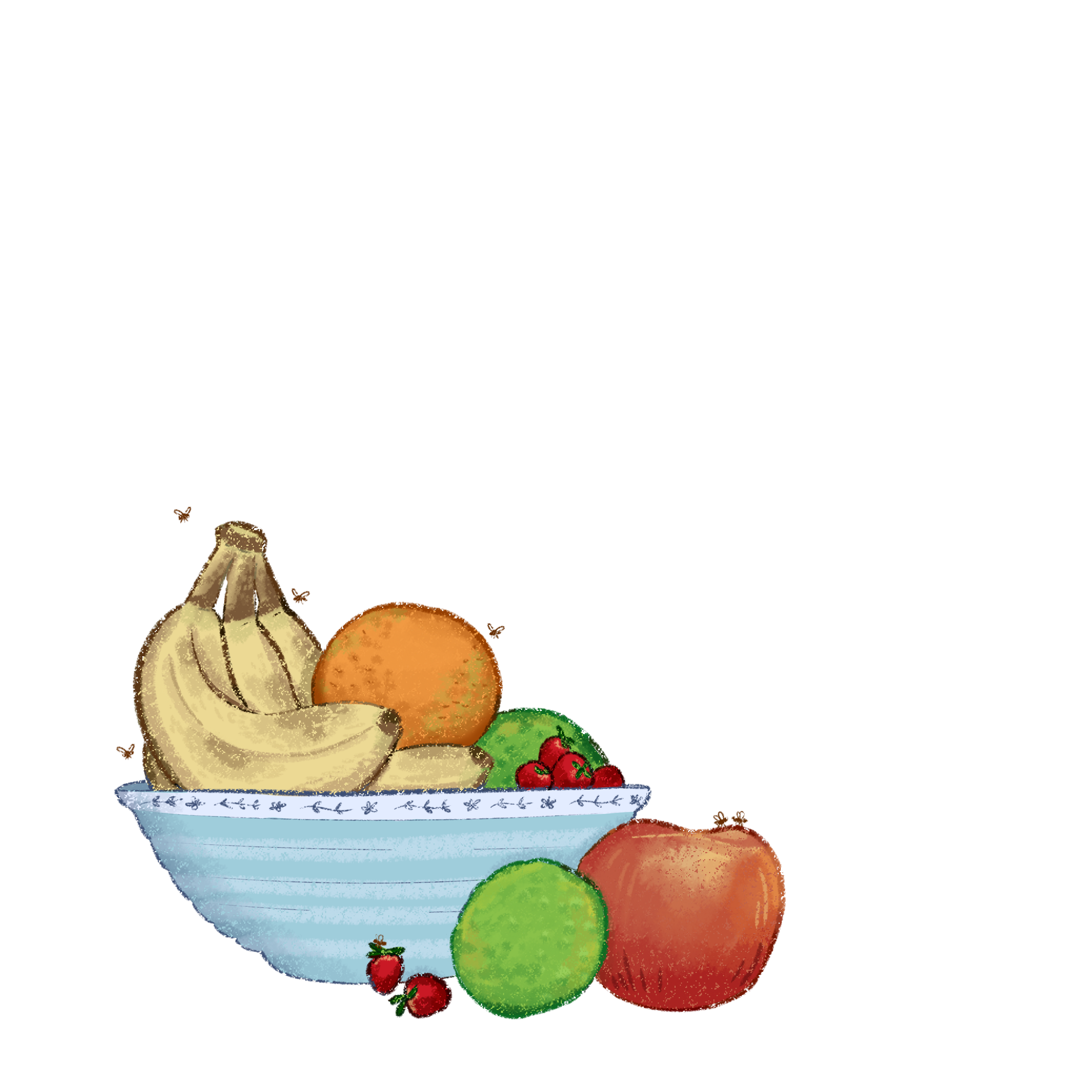 An illustrated bowl of fruit with bananas, oranges,
           strawberries, and apples